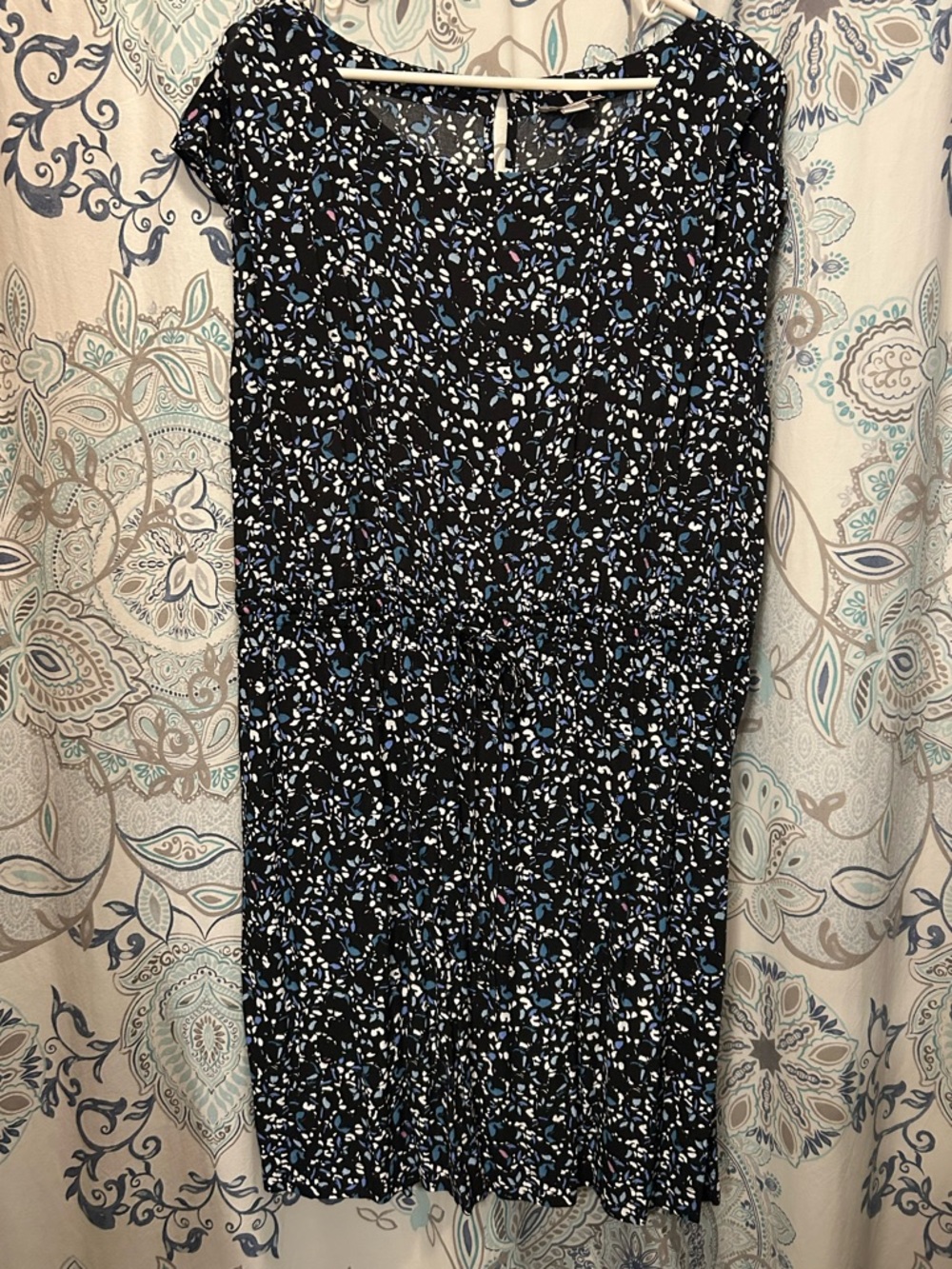 LOFT Black Floral Print Dress with Blue and White Accents